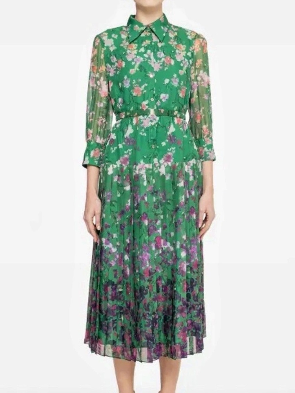 Nissa Floral Midi Dress in Green & Pink NWT